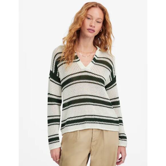 NWT Madewell Open-Stitch Johnny Collar Sweater In Summit Green Stripe Size Large - Picture 1 of 6